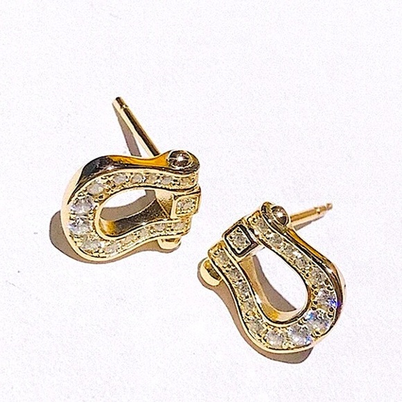 Gold Zircon Horseshoe Earrings, Stud, Horse bit, Snaffle, D R… - Picture 2 of 4